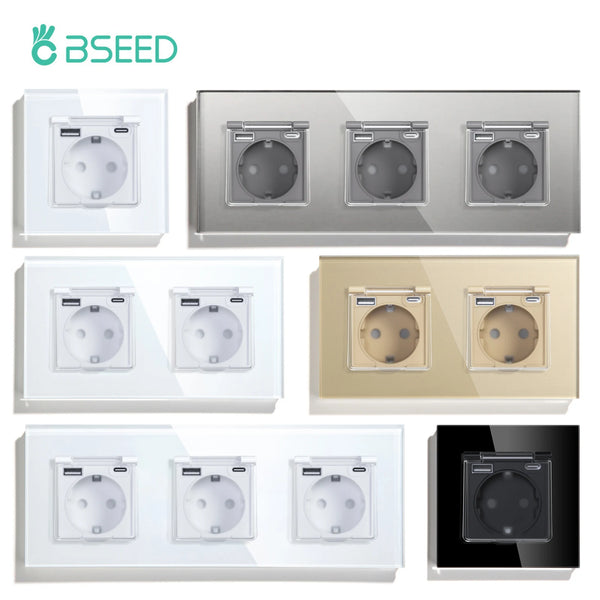 BSEED EU Standard Single Power Socket With Waterproof Cover Double USB Type-C Outlets Triple Plugs 16A Glass Panel 110-250V