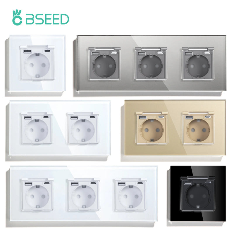 BSEED EU Standard Single Power Socket With Waterproof Cover Double USB Type-C Outlets Triple Plugs 16A Glass Panel 110-250V