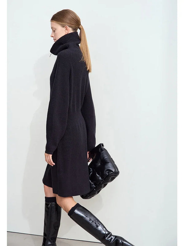 Amii Minimalist 2026 Winter New Women's Casual Knitted Skirt Lapel Shoulder Sleeve Zipper Semi-open Placket Waist Dress 12444240