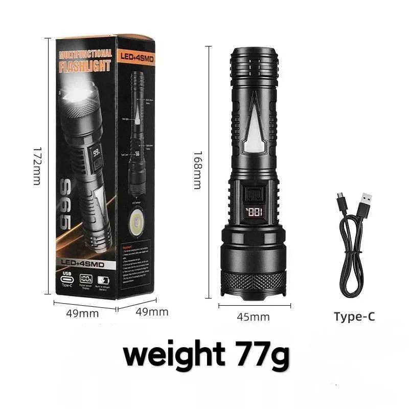 ចង្កៀង LED ដែលអាចសាកបាន 1500W ចល័តខ្លាំង មានថ្មភ្ជាប់មកស្រាប់ ធន់នឹងទឹក ពិល LED ថាមពលខ្ពស់ ភ្លើងពិលឡាស៊ែរពណ៌ស ភ្លើងពិលក្រៅផ្ទះ
