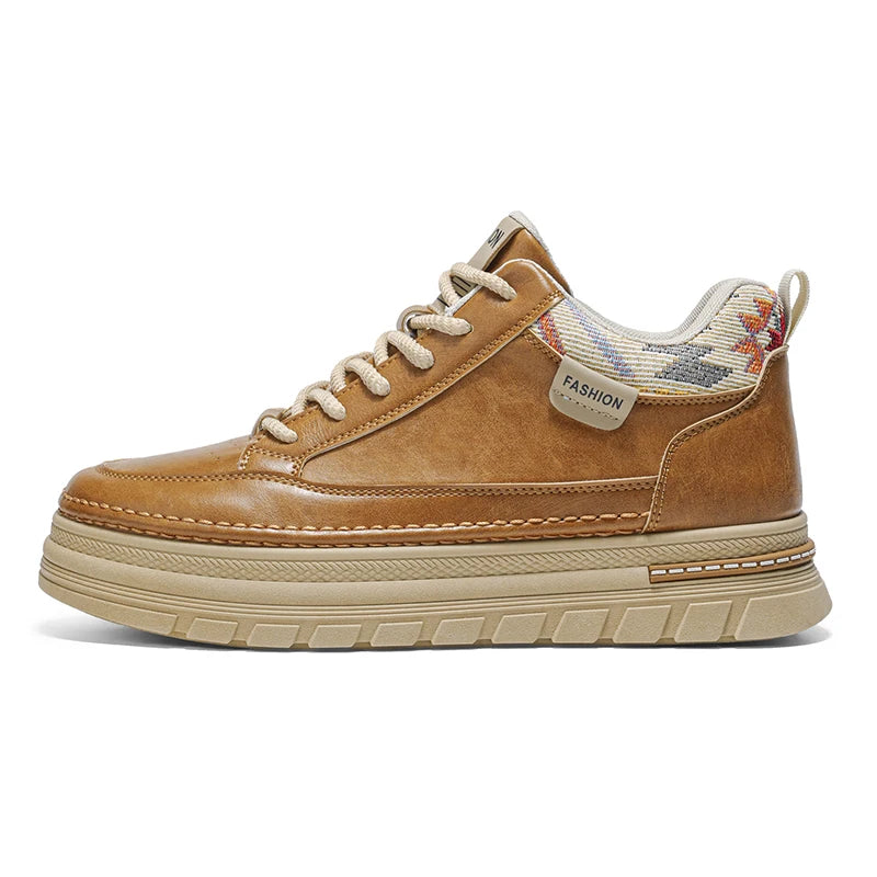 Men Sports Shoes Thick Soles Anti Slip Wear-resistant Retro Leather Breathable Fashionable Versatile Street Sports Walking Shoes