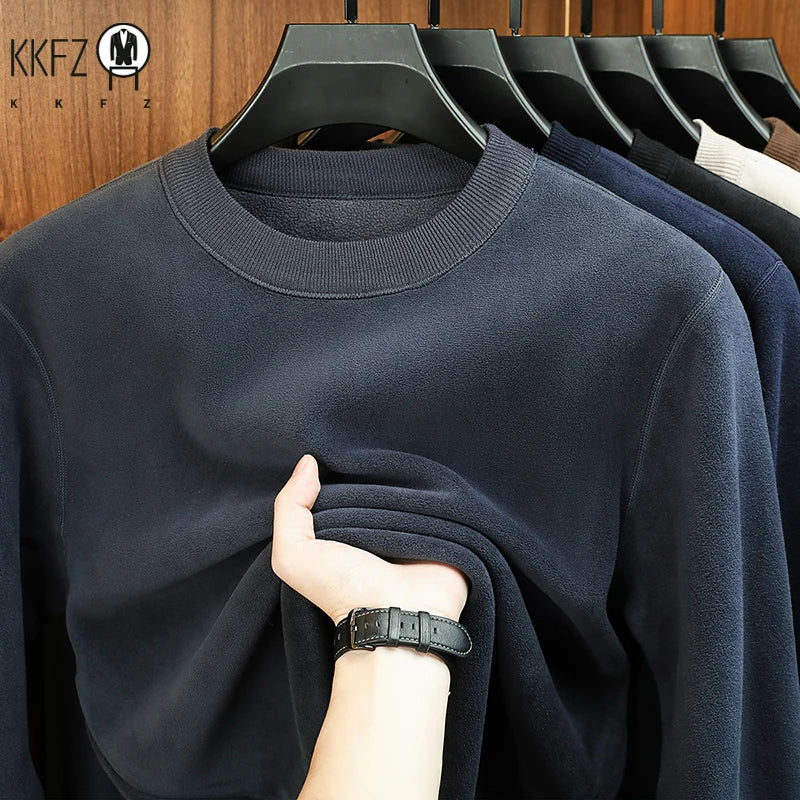 Men's Velvet Hoodie, Long Sleeve Round Neck Monochromatic Casual Versatile Top Autumn Winter Fashion