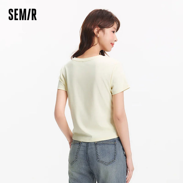 អាវយឺតនារី Semir ឆ្នាំ ២០២៦ រចនាប័ទ្មខ្លីអក្សរបំបែកស្តើងប៉ាក់ស្មាធម្មតាស្លីមសមធម្មតាទន់ពាក់ប្រចាំថ្ងៃ