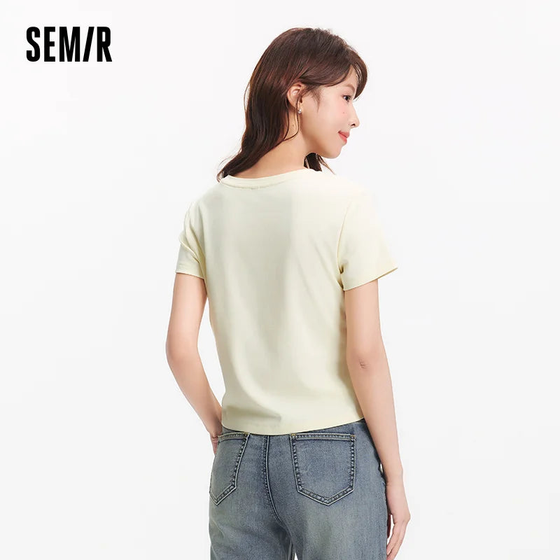 Semir Womens Tshirt 2026 Short Style Letter Split Slim Embroidered Regular Shoulder Slim Fit Casual Soft Daily Wear