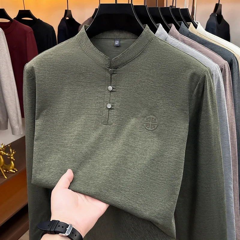Men Long Sleeve Button Placket Tee Stand Collar Chest Embossed Detail Loose Fit Daily Office Leisure Wear Top