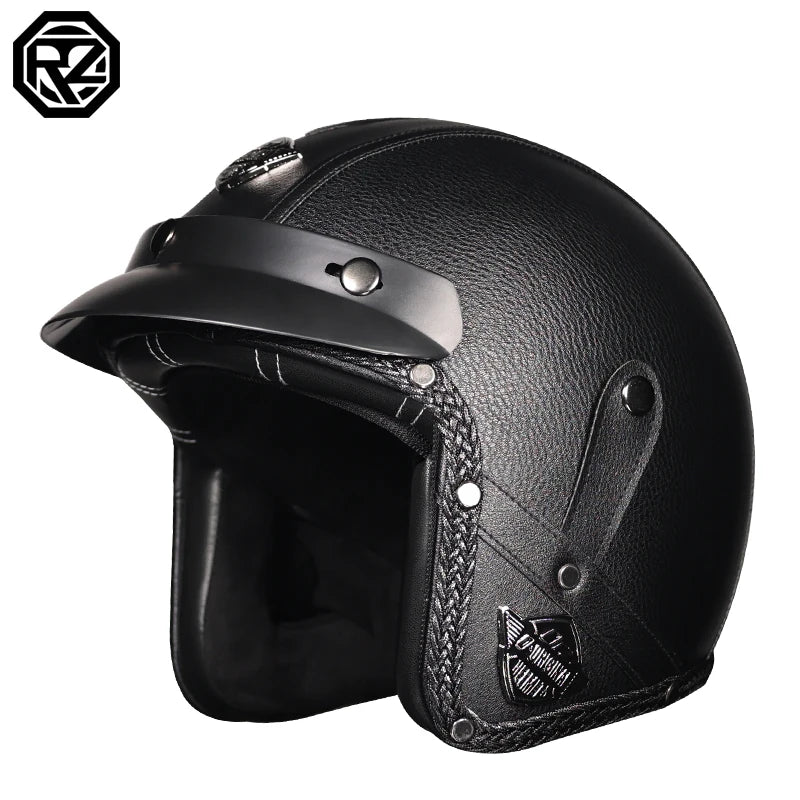Vintage Leather 3/4 Jet Motorcycle Helmet, Handmade Leather Surface Adult Scooter Cruiser Riding Helmet Casque Moto