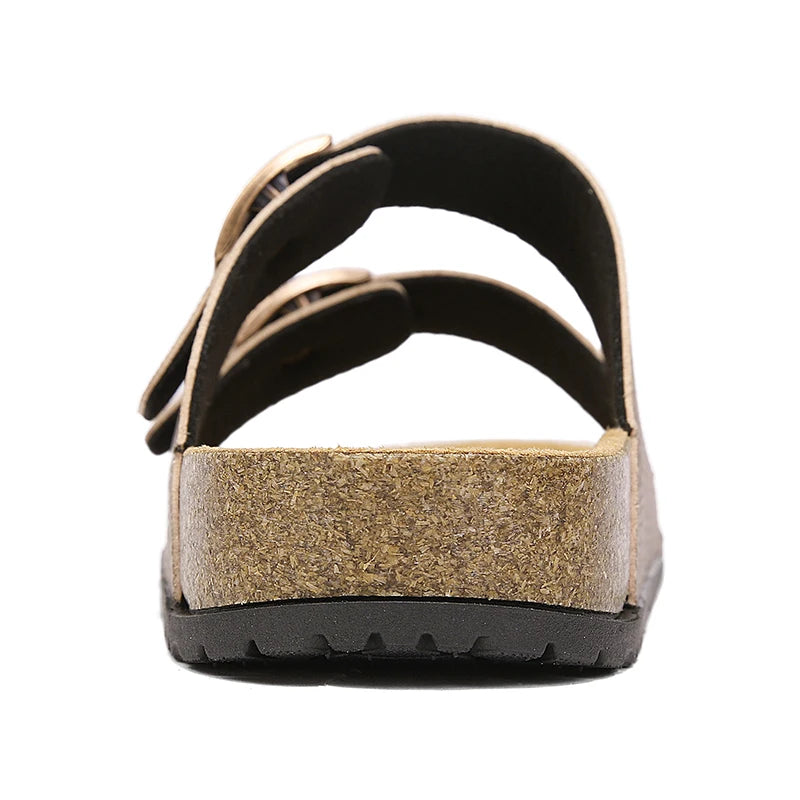 Men's Adjustable Double Buckle Cork Footbed Slide Sandals Casual Leather Open Toe Flat Slip on Summer Walking Beach Slide Shoes