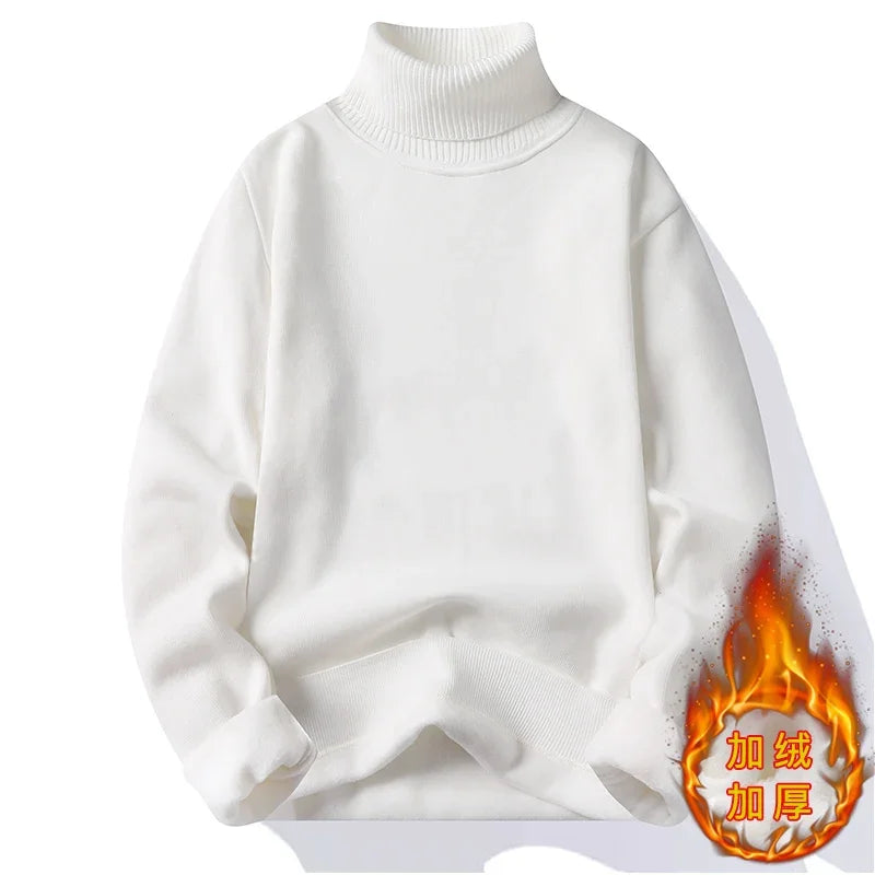 Male Long Sleeve Turtleneck Knit Top Thick Fleece Lining Warm Thermal Pullover Loose Fit Daily Casual Basic Clothes