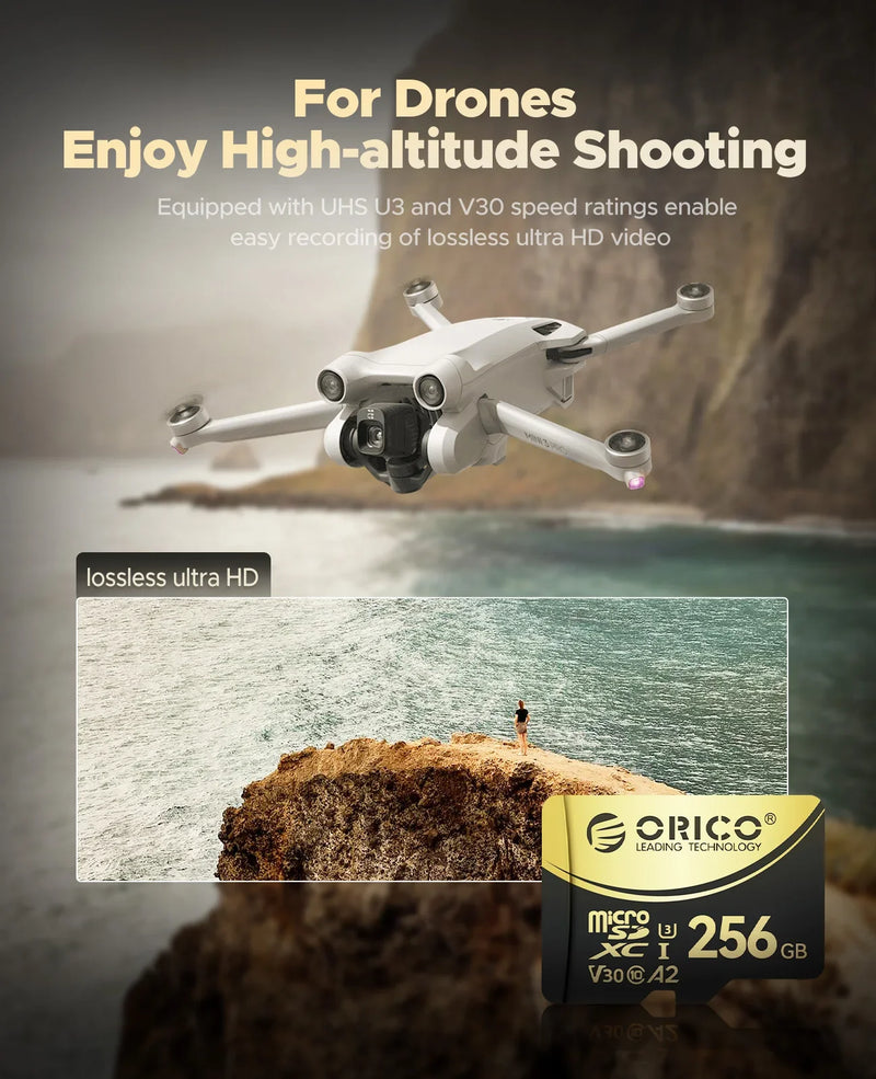 ORICO Micro SD Card TF Memory Card 512GB microSDXC Up to 180 MB/s Full HD and 4K UHD C10, U3, V30, A2, for GoPRO DJI Drone