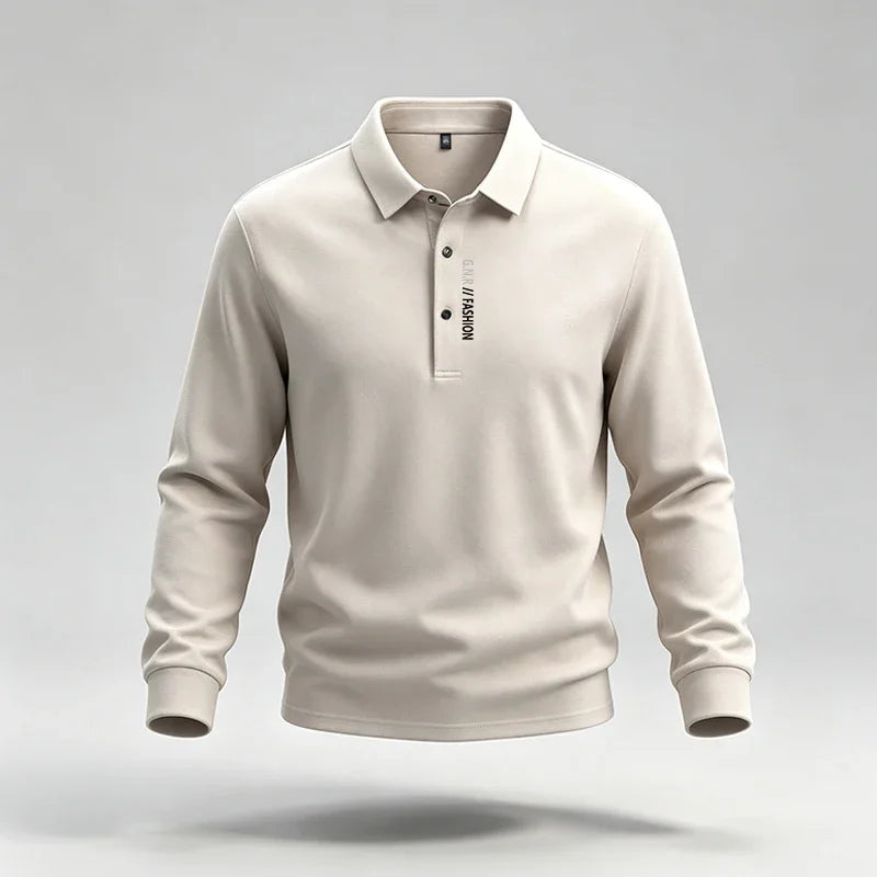 Male Trendy Lapel Collar Polo Top Long Sleeve Button Placket Letter Print For Short Trip Social Meetup And Street Fashion Wear
