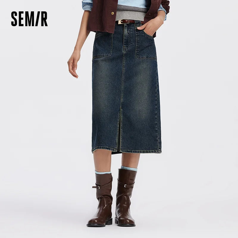 Semir Women Skirt Denim Slit Straight Long Slim Retro Street Style Autumn Bottoms Comfortable Urban Daily Wear 2026