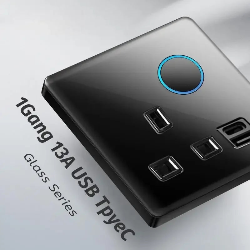 Black Tempered Glass Button Reset Wall Light Switch with LED Aperture,Uk 13A Usb C Fast Charging Wall 220V Electrical Socket