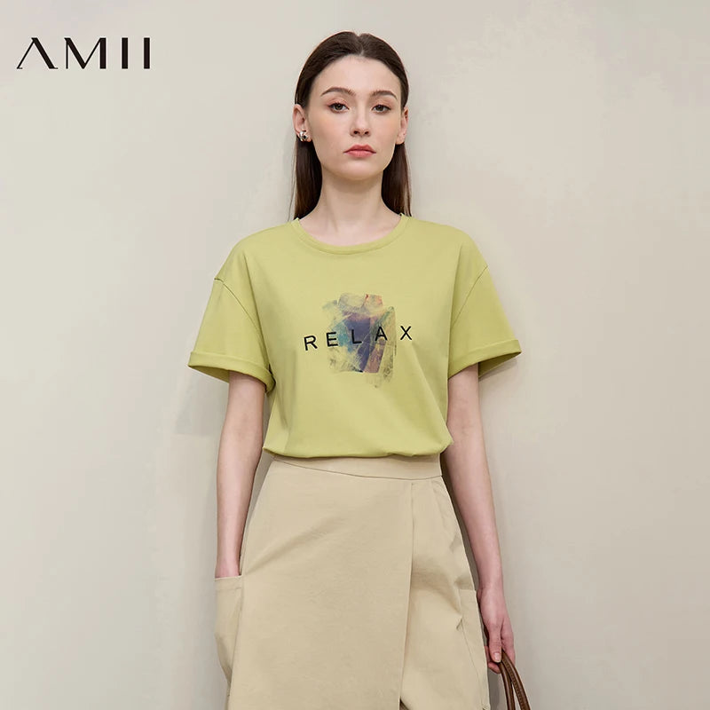 អាវយឺតកប្បាស Amii សម្រាប់នារី រដូវក្តៅ ឆ្នាំ២០២៦ អាវយឺតកមូលថ្មី ប៉ាក់អក្សរ ដៃខ្លី រលុង ត្រជាក់ អាវធំ សម្រាប់នារី 12642059