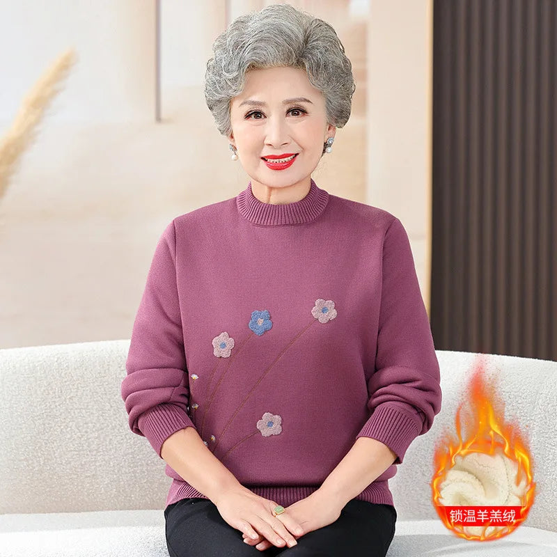 Thick Velvet Women's Bottoming Top Autumn Winter New Grandma Half Turtleneck Knit Sweater Middle Aged Mother Pullover Shirt