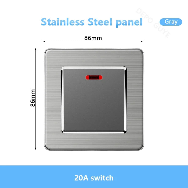 Universal Wall Light Switch Brushed Stainless steel Panel,UK Type-c 18W Quick Charging Socket 220V Double USB Electrical Outlet