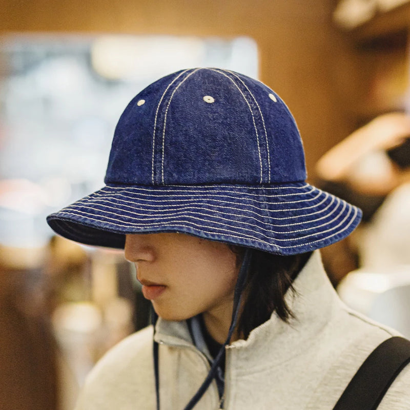 មួក Maden Vintage Denim Blue Bucket Hat មួកមូលមានគែមធំទូលាយសម្រាប់មួកអ្នកនេសាទ Unisex ដែលមានខ្យល់ចេញចូលបាន មួក Denim ធម្មតាសម្រាប់ក្រៅផ្ទះ