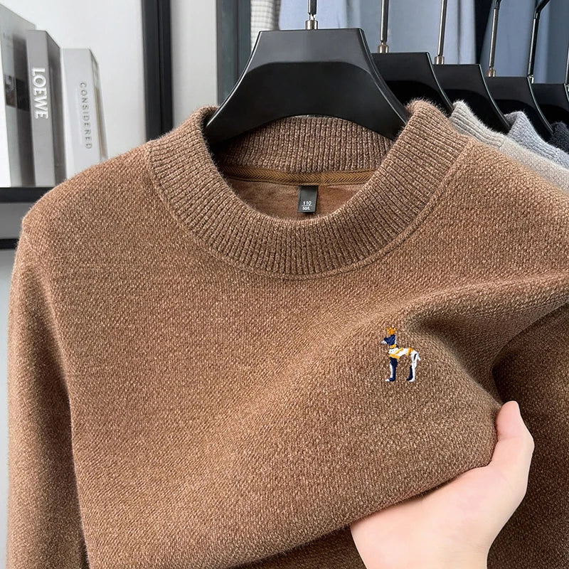 Man Long-Sleeve Knit Top Crew Neck Fleece-Lined Thickened Exquisite Embroidery Autumn Winter Leisure Keep Warm Men's Clothing