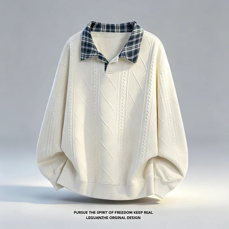 Mens Plaid Lapel Collar Long Sleeve Jacquard Sweatshirt Geometric Embossed Texture Soft Handfeel Top For Autumn