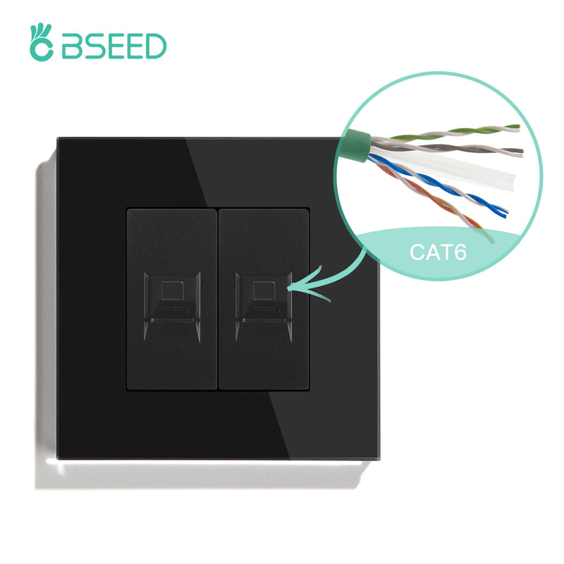 BSEED Double CAT5 Network Data Socket Internet RJ45 CAT6 PC Wall Outlet  EU Standard Tempered Glass Panel White Black Golden