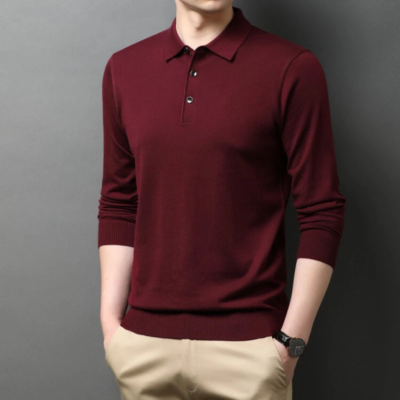 Solid Color Men's Wool Long-sleeve Shirt, Daily Autumn and Winter Warm Sweater, Business Casual Polo Shirt,Stretchable M-4XL