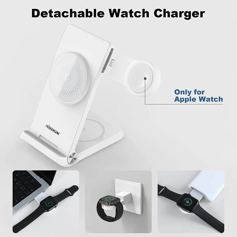 NILLKIN 3 in 1 Magsafe Wireless Charger Stand for iPhone 15/14/13 Pro Max For Airpods Pro MFI For Apple Watch Ultra 8/7/SE/6/5/4