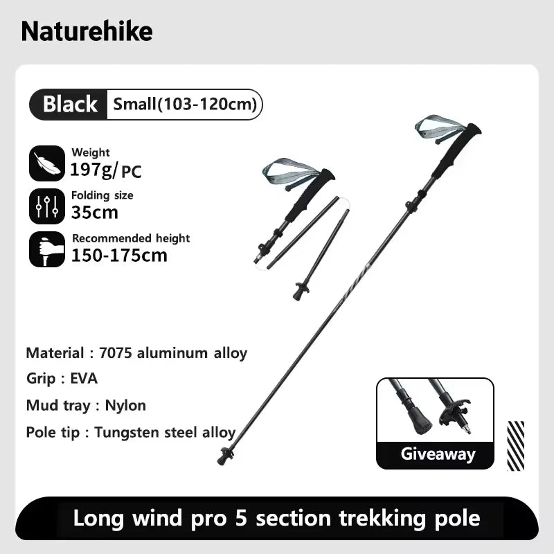 Naturehike Long Wind Trekking Poles Carbon Fiber 7075 Aluminum Alloy Five-section Folding Lightweight Walking Sticks Climbing
