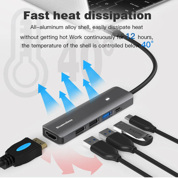 មជ្ឈមណ្ឌលប្រភេទ C របស់ Blueendless 4K 30Hz ដែលឆបគ្នាជាមួយ HDMI PD 100W USB3.0 HUB ឧបករណ៍បំបែក USB TF SD Reader អាដាប់ទ័រ USB សម្រាប់ Macbook Air Pro