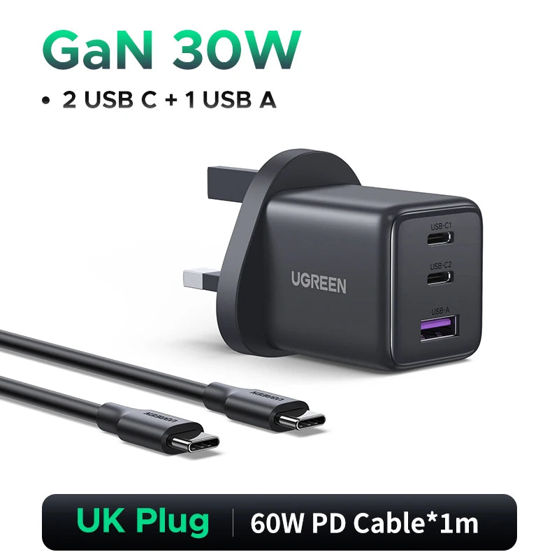 UGREEN 30W GaN Charger 3 Ports PD 3.0 USB C Charger For iPhone 18 17 16 Pro Samsung S25 Xiaomi Tablet iPad Air Pro Phone Charger