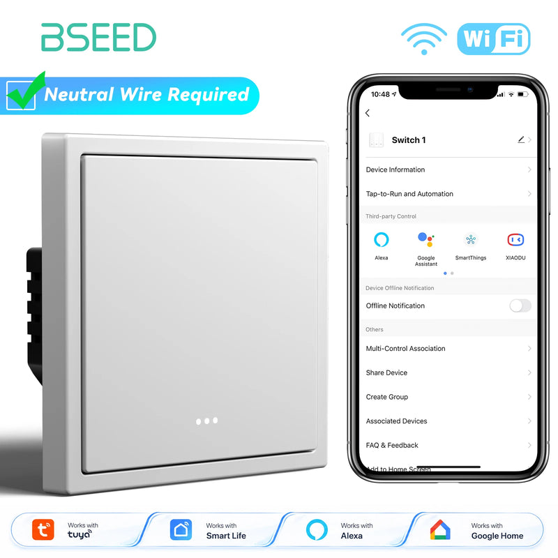BSEED E Series WIFI Button Light Switch 1/2/3/4Gang 2Way Smart Click Button Switch Plastic Frame Tuya Smart Life Alexa Control
