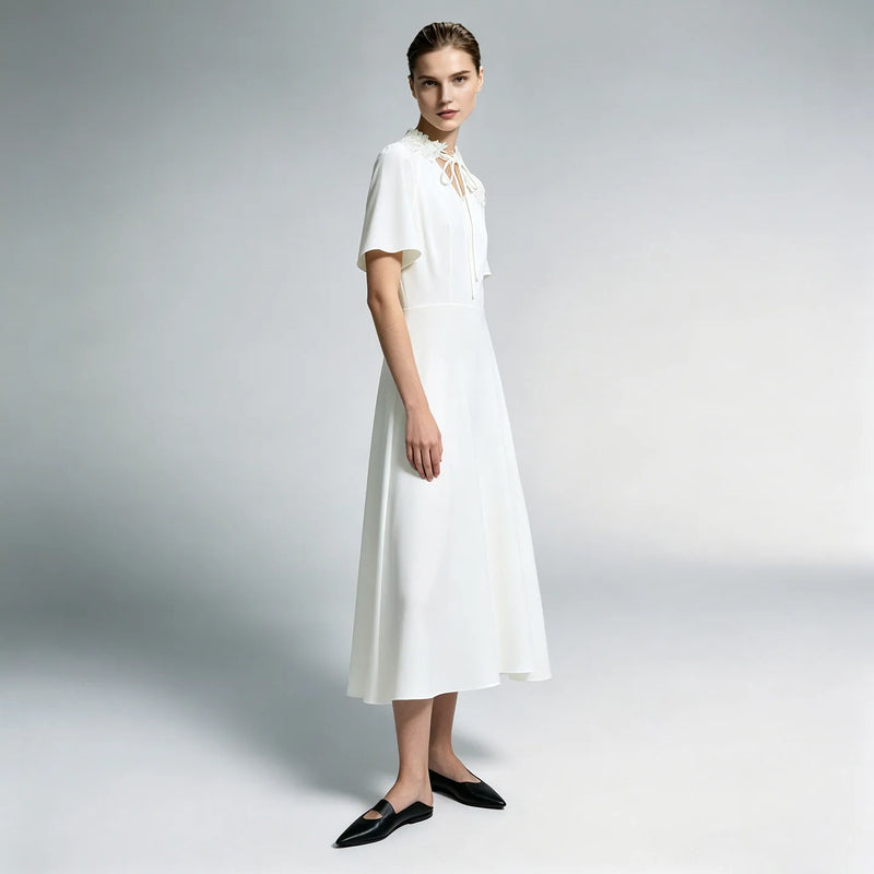 Amii Womens Dresses 2026 Summer New V-Neck Short Sleeve Chiffon Midi Dress Holiday Casual Lace Patchwork Woman Clothes 12622143