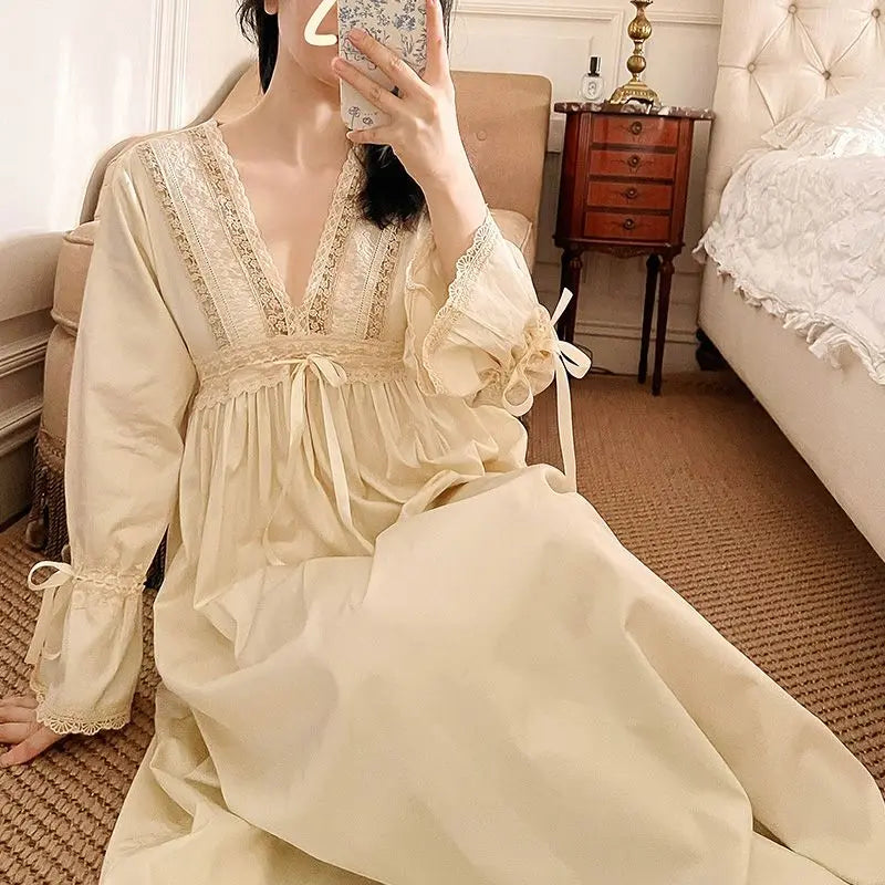 Solid Color Pullover V-neck Long Sleeve Fashion Casual Women's Nightgowns Sleepwear Women Night Gown Sleep Dress Loose