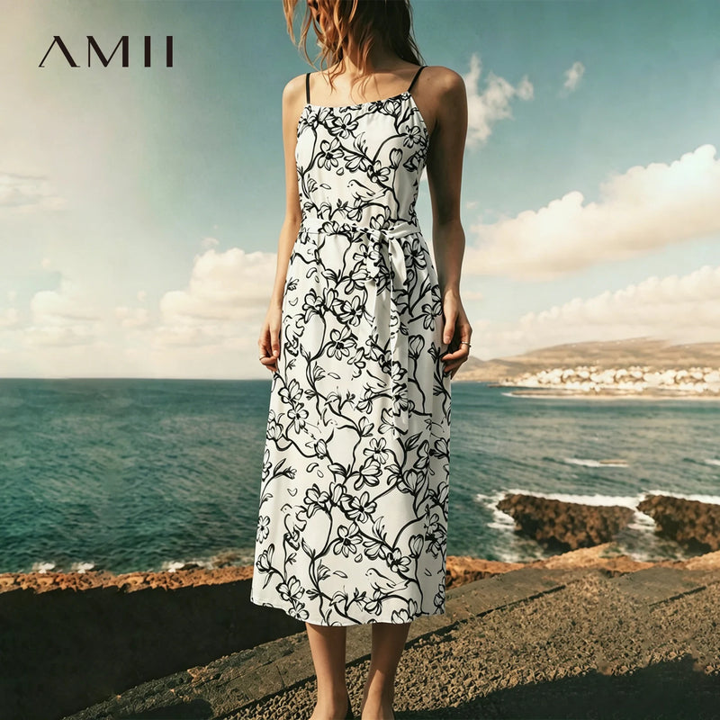 Amii Womens Dresses 2026 Summer New Printed With Belted Oversized Holiday Casual Spaghetti Strap A-Line Long Dress 12652050