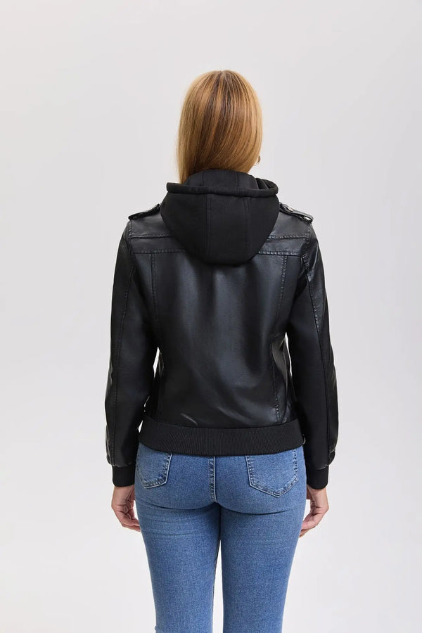 2027 New Women's Long-Sleeve Hooded Faux Leather Jacket—a Lightweight, Slim-fit PU Biker Coat for Spring/Fall.Black,Brown,Khaki.
