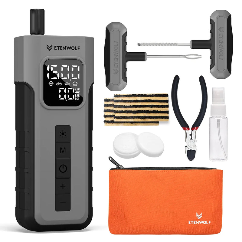 ឧបករណ៍បំប៉ោងខ្យល់ និងឌុយ ETENWOLF C2 Combo ថ្មី 2-in-1 ជាមួយដង្កៀបជួសជុលសំបកកង់ 16 ដុំ បន្ទះឌុយសំបកកង់ ខ្លាញ់ និងថ្នាំបាញ់ជួសជុលសំបកកង់