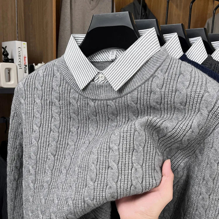 Men's Cable Knit Sweater, Faux Two-Layer Shirt Collar, 550g Wool Blend, 7 Colors Business Casual Knitted Pullover Sweater