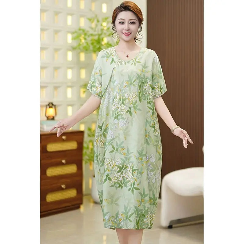 Summer New Middle-aged Elderly Mothers Nightgowns Loose Cotton Silk Dress Short-sleeved Floral Nightdress Loungewear Women
