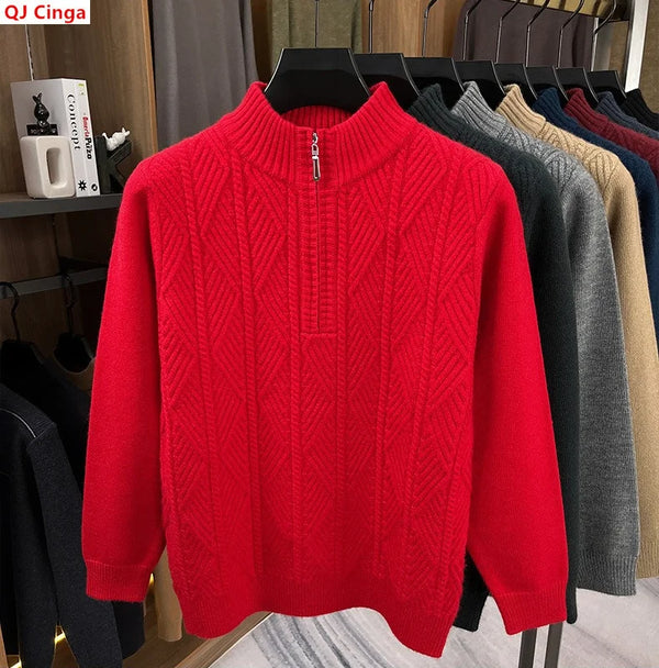 Winter Collection of Men's Long-sleeve Knit Wool Sweaters: Red Crew-neck Pullover with A Semi-high Collar; Black, Gray, Camel.