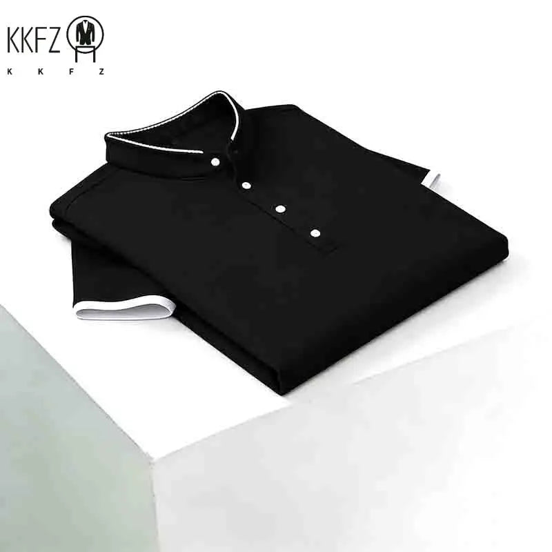 Men's Solid Black Stand Collar Short Sleeve Polo Shirt Half Button Pocket-free Casual Business Tee