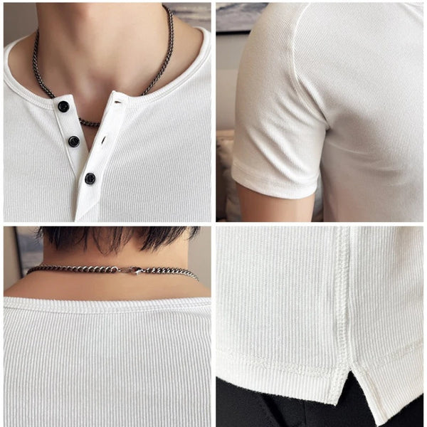 Men's Slim Fit Henley T-Shirt - Summer Short Sleeve Rib Knit Gym Workout Top | Stretchy Bodybuilding Muscle Tee for Fitness