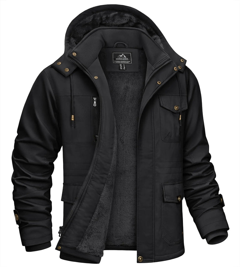 TACVASEN Mens Fleece Lined Winter Warm Jacket Detachable Hood With 6 Multi-Pocket Parka Coat Windproof Outdoor Hiking Daily Coat