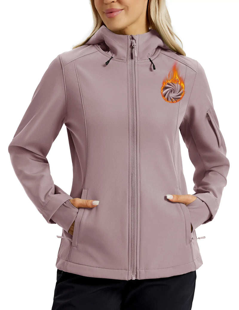 TACVASEN Waterproof Fleece Lined Women's Softshell Jacket Hooded Outdoor Hiking Camping Jacket Lightweight Warm Thermal Coat