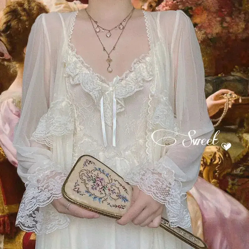 Vintage Female Court Style Thin Robe/Nightdress Ladies Princess Nightgowns Fairytale Pajamas Sleepwear Women's Home Clothing