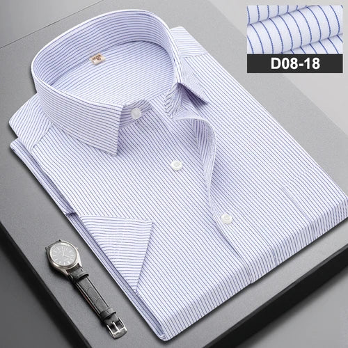 Summer Men's Vertical Striped Short-sleeved Cotton Shirt, Single-breasted Square Collar Shirts with A Pocket on The Left Chest