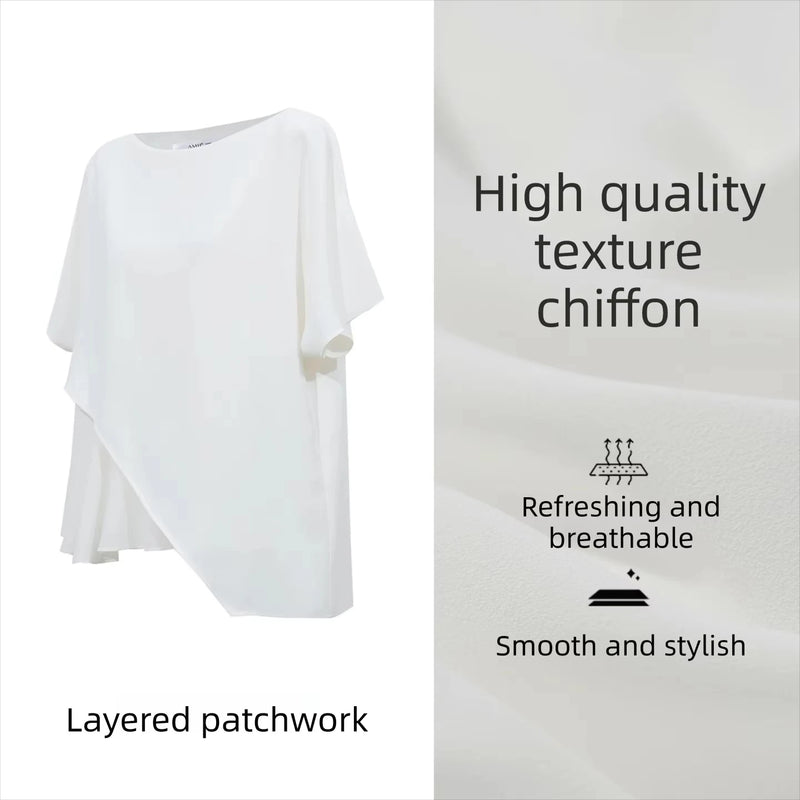 Amii Women's Chiffon Blouse 2026 Summer New O-Neck Asymmetric Patchwork Dolman Sleeve Top Loose Fit Office Casual Shirt 12622212