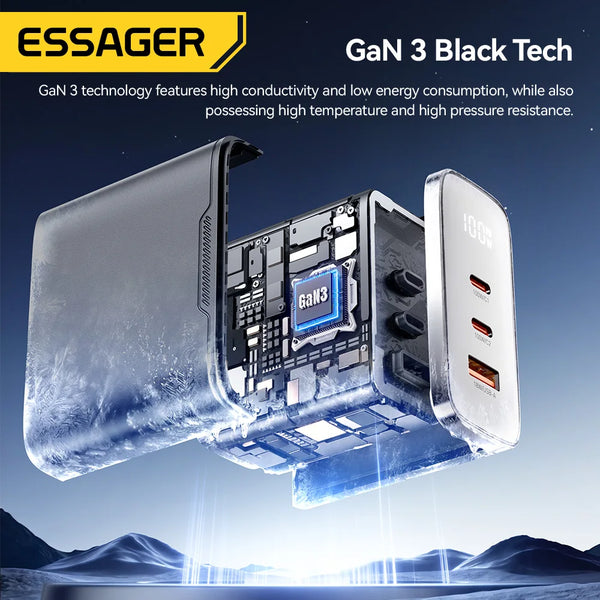 ឆ្នាំងសាក Essager 100W GaN USB Type C ឆ្នាំងសាកឌីជីថល PD QC ឆ្នាំងសាក USB ចល័តសម្រាប់ iPhone 17 16 15 Xiaomi Macbook Laptop