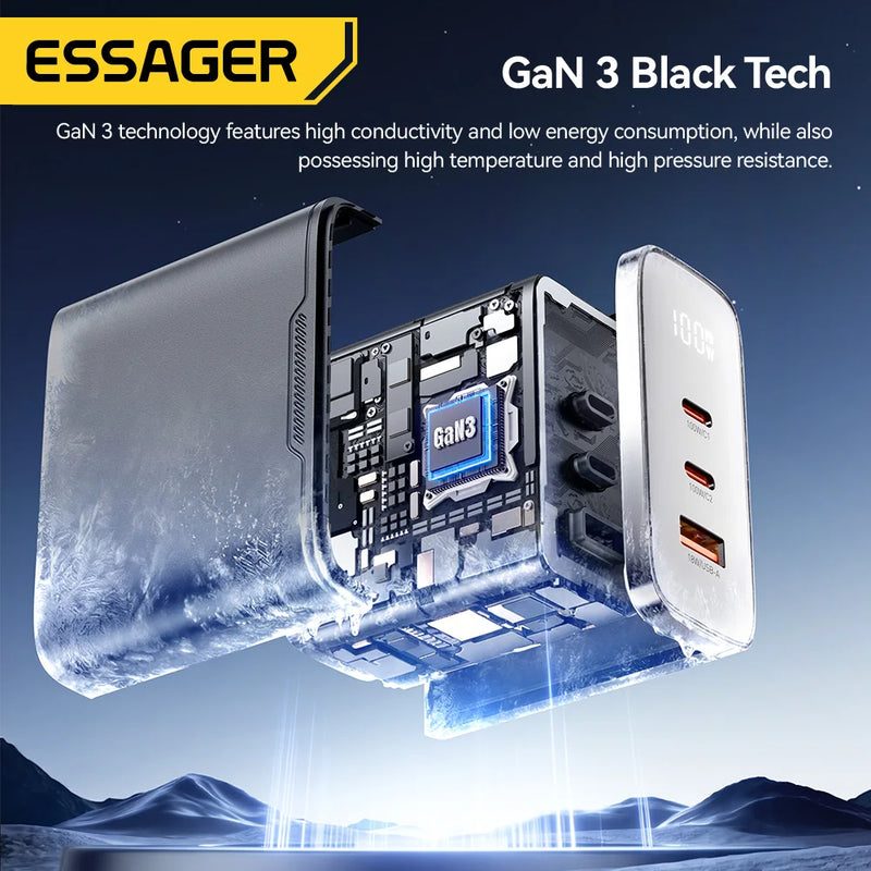ឆ្នាំងសាក Essager 100W GaN USB Type C ឆ្នាំងសាកឌីជីថល PD QC ឆ្នាំងសាក USB ចល័តសម្រាប់ iPhone 17 16 15 Xiaomi Macbook Laptop