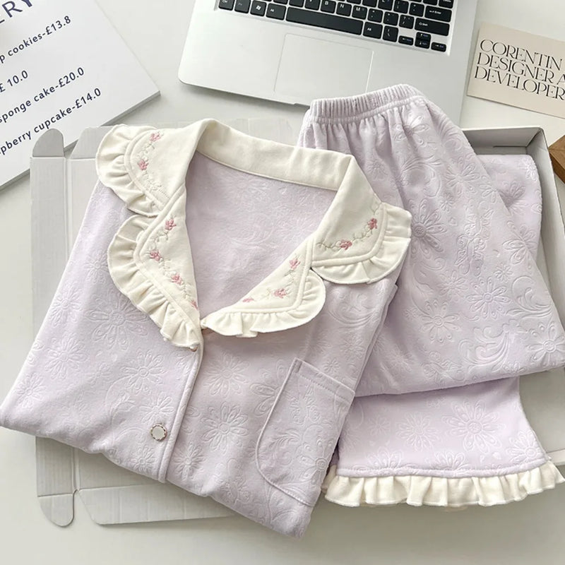 Casual Homewear Sprinmg Autumn Long Sleeve Trousers Ladies Pajamas Suit Lapel Top 2 Piece Set Sleepwear Women's Home Nightwear