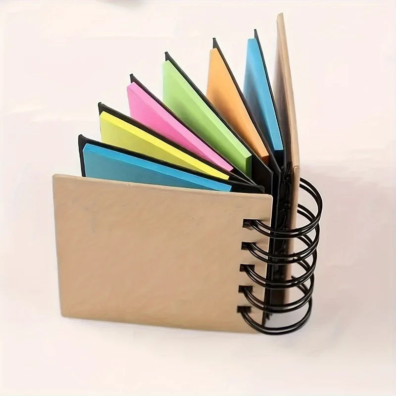 250 Sheets Portable Combination Sticky Notes Set - 5 Different Colors,Spiral Notebook, Self-Adhesive Notes, Brown Cover.