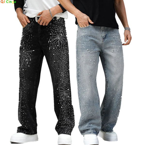Luxury Men's Black Jeans with Diamond Embellishments, Made of Light Blue Denim Pants. 2027 Fashion Casual Trousers.