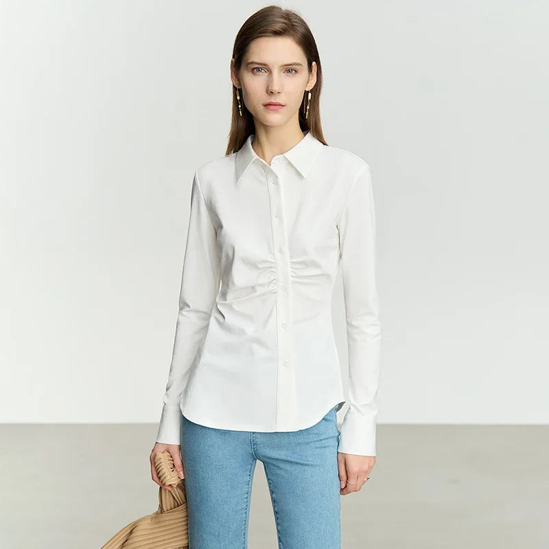 អាវ AMII Minimalism Asymmetric សម្រាប់ស្ត្រី 2025 រដូវស្លឹកឈើជ្រុះថ្មី Niche Folds Slim Office Lady Solid Female Shirts & Blouses 12343069